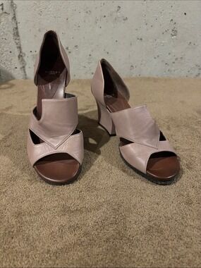 Audley Taupe Leather Open-Toe Block Heels - Size 37.5 Euro